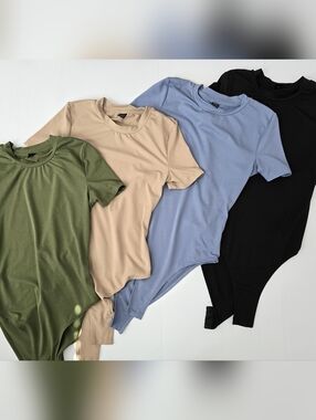 Set 4 Basic Short Sleeve Bodysuit Pack - Olive, Beige, Periwinkle, Black